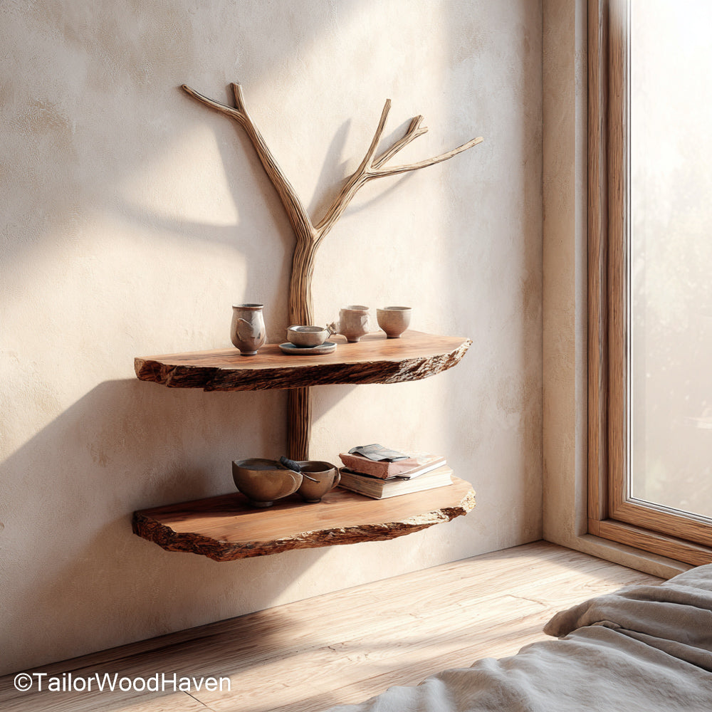Rustic Floating Nightstand handcrafted with visible grain and natural edges, designed to add character and warmth to farmhouse or vintage inspired walls