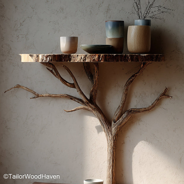 Floating bedside table set of 2 handcrafted matching wall mounted pieces in solid wood, designed for paired use on both sides of a bed
