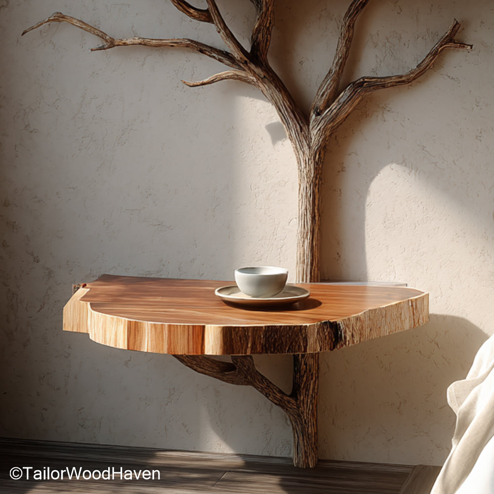 Floating bedside table set of 2 handcrafted matching wall mounted pieces in solid wood, designed for paired use on both sides of a bed