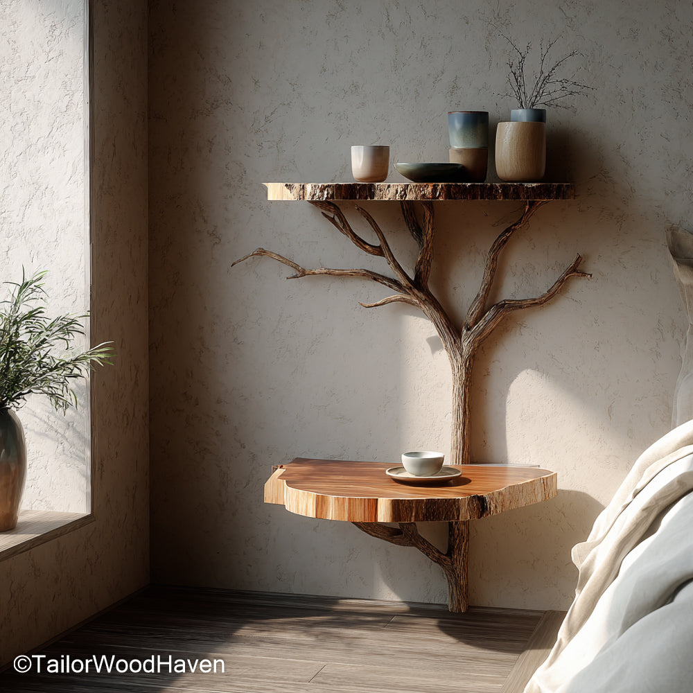 Floating bedside table set of 2 handcrafted matching wall mounted pieces in solid wood, designed for paired use on both sides of a bed