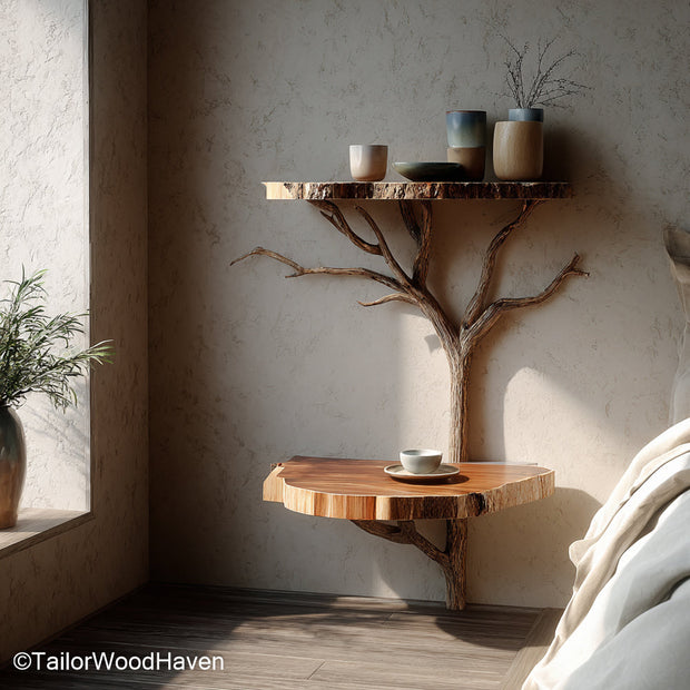 Floating bedside table set of 2 handcrafted matching wall mounted pieces in solid wood, designed for paired use on both sides of a bed