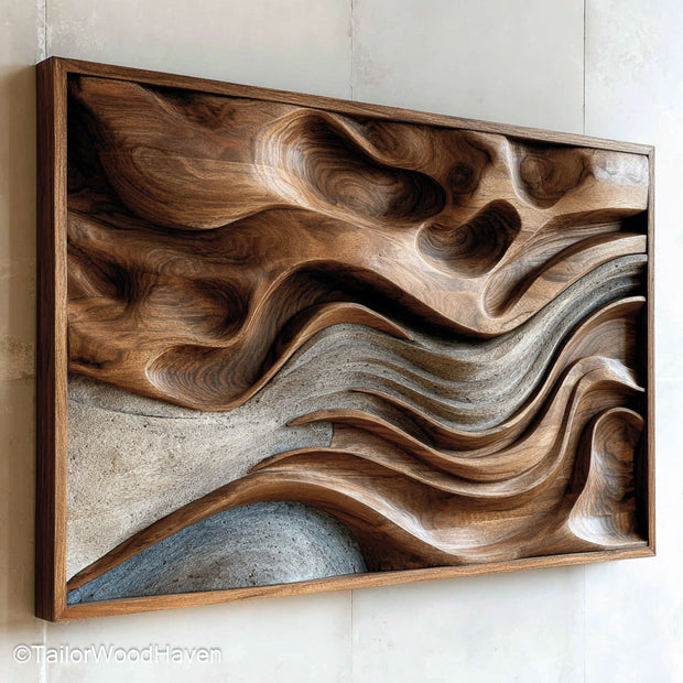 Abstract Wood Art handcrafted from solid timber with flowing carved details and natural textures for modern, rustic, or creative interior walls