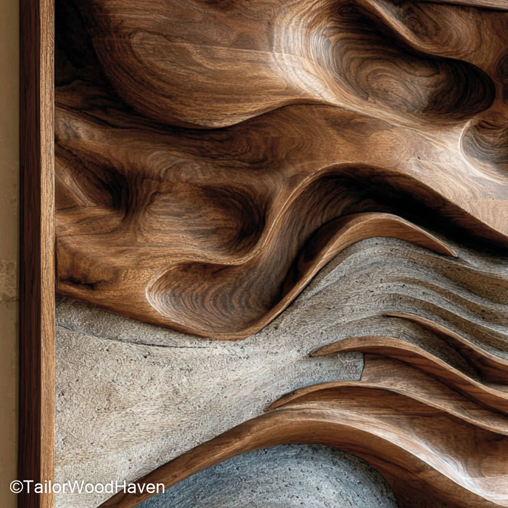 Abstract Wood Art handcrafted from solid timber with flowing carved details and natural textures for modern, rustic, or creative interior walls