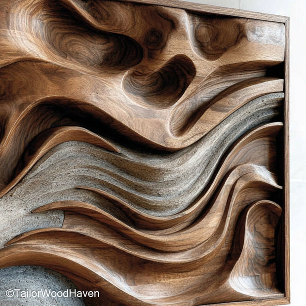 Abstract Wood Art handcrafted from solid timber with flowing carved details and natural textures for modern, rustic, or creative interior walls