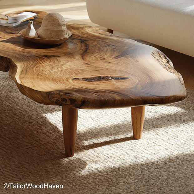 Raw edge round coffee table designed from a circular wood slab with uncut edge and clean legs, ideal for earthy living rooms or cozy lounges