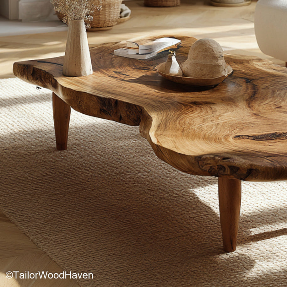 Raw edge round coffee table designed from a circular wood slab with uncut edge and clean legs, ideal for earthy living rooms or cozy lounges