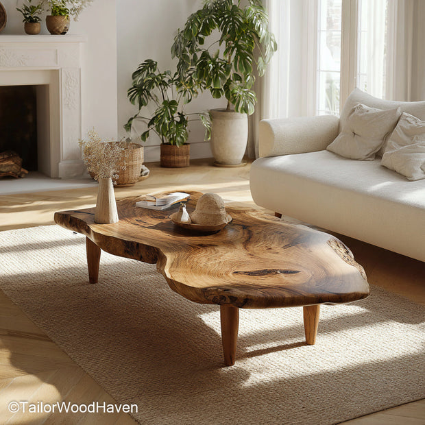 Raw edge round coffee table designed from a circular wood slab with uncut edge and clean legs, ideal for earthy living rooms or cozy lounges