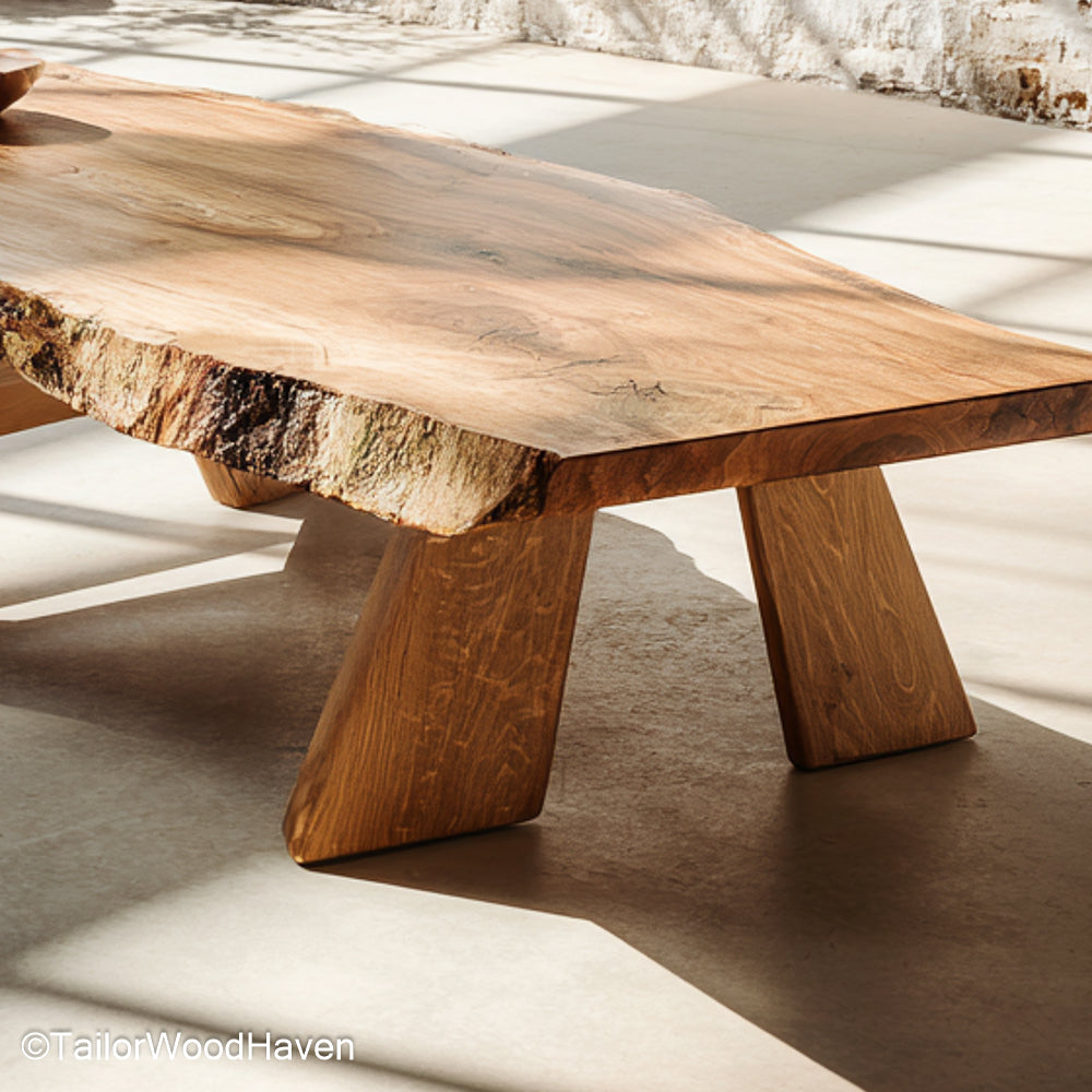 Rough cut wood coffee table made from thick hardwood with a rugged surface and organic edge, ideal for rustic living spaces or lodge style homes