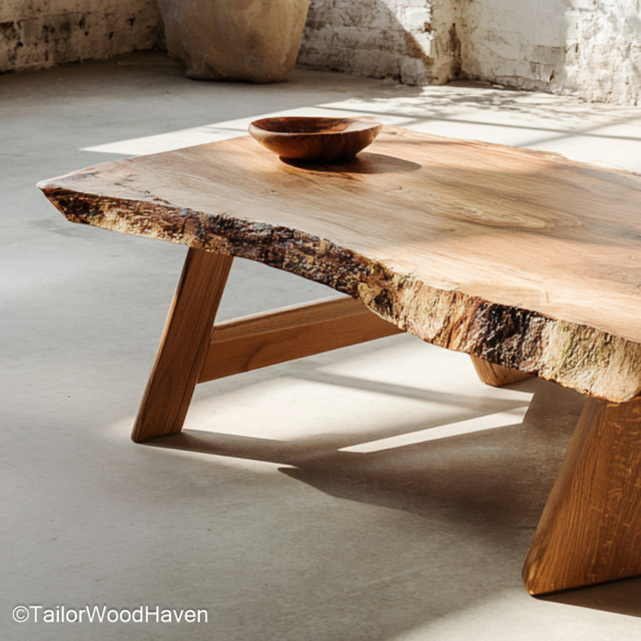 Rough cut wood coffee table made from thick hardwood with a rugged surface and organic edge, ideal for rustic living spaces or lodge style homes