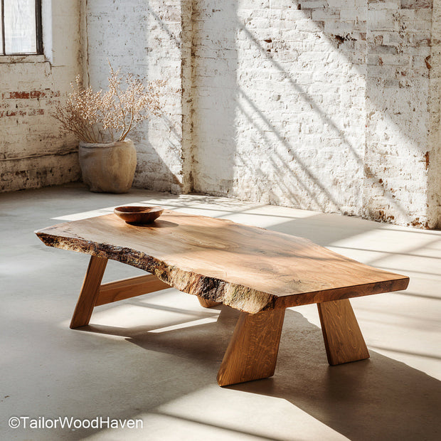 Rough cut wood coffee table made from thick hardwood with a rugged surface and organic edge, ideal for rustic living spaces or lodge style homes