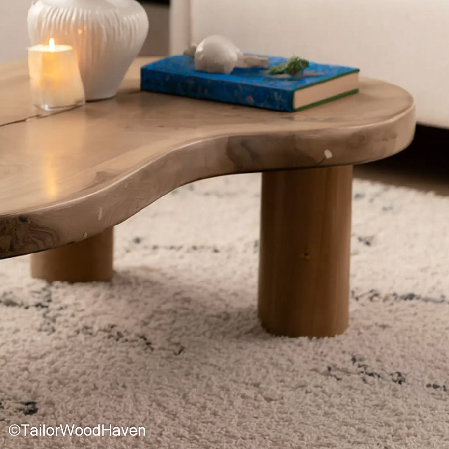 Raw edge wood slab coffee table made from solid wood with a raw edge and smooth top, this table balances natural texture with refined finish