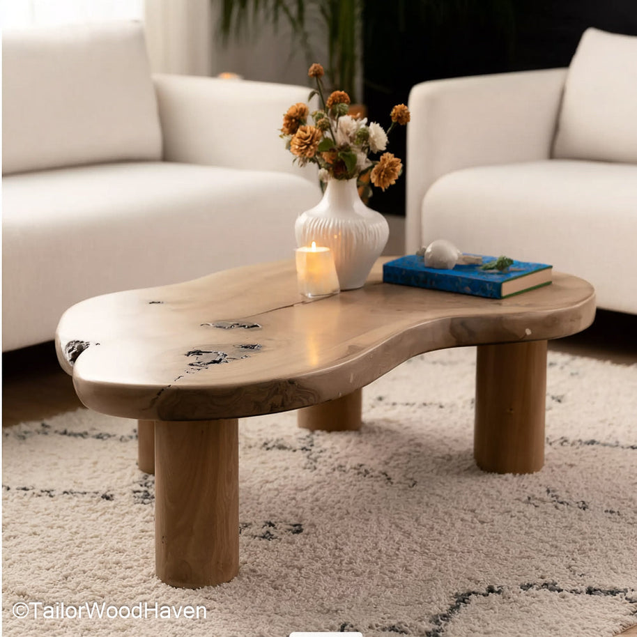 Raw edge wood slab coffee table made from solid wood with a raw edge and smooth top, this table balances natural texture with refined finish
