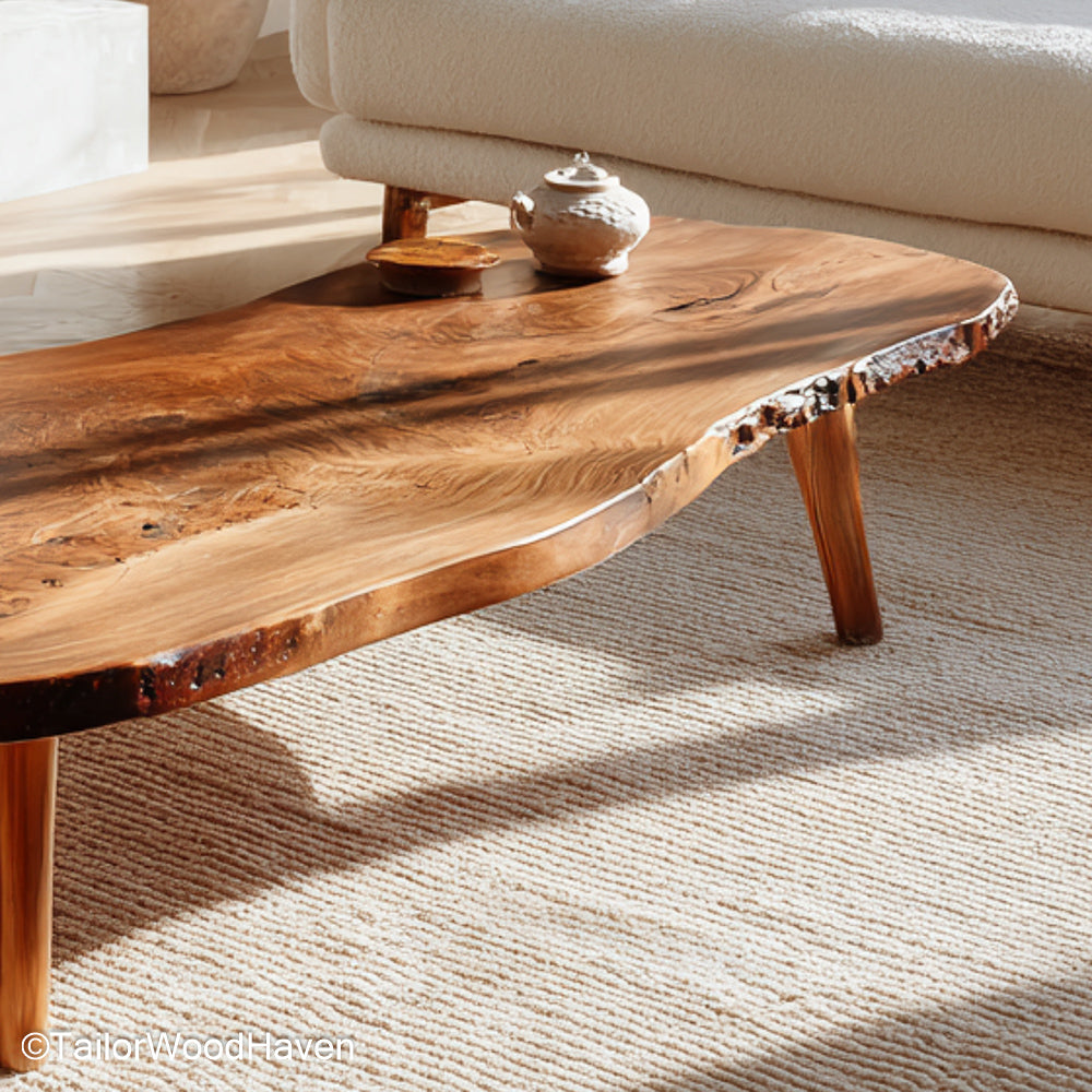 Raw cut wood coffee table built from real timber with a bold grain pattern and raw edge top, offering a centerpiece with rugged character