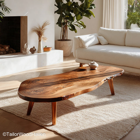 Raw cut wood coffee table built from real timber with a bold grain pattern and raw edge top, offering a centerpiece with rugged character