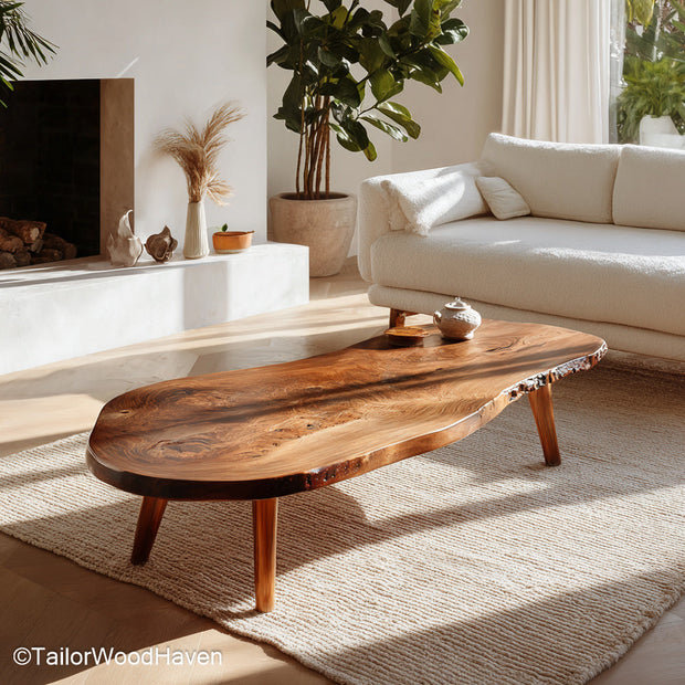 Raw cut wood coffee table built from real timber with a bold grain pattern and raw edge top, offering a centerpiece with rugged character
