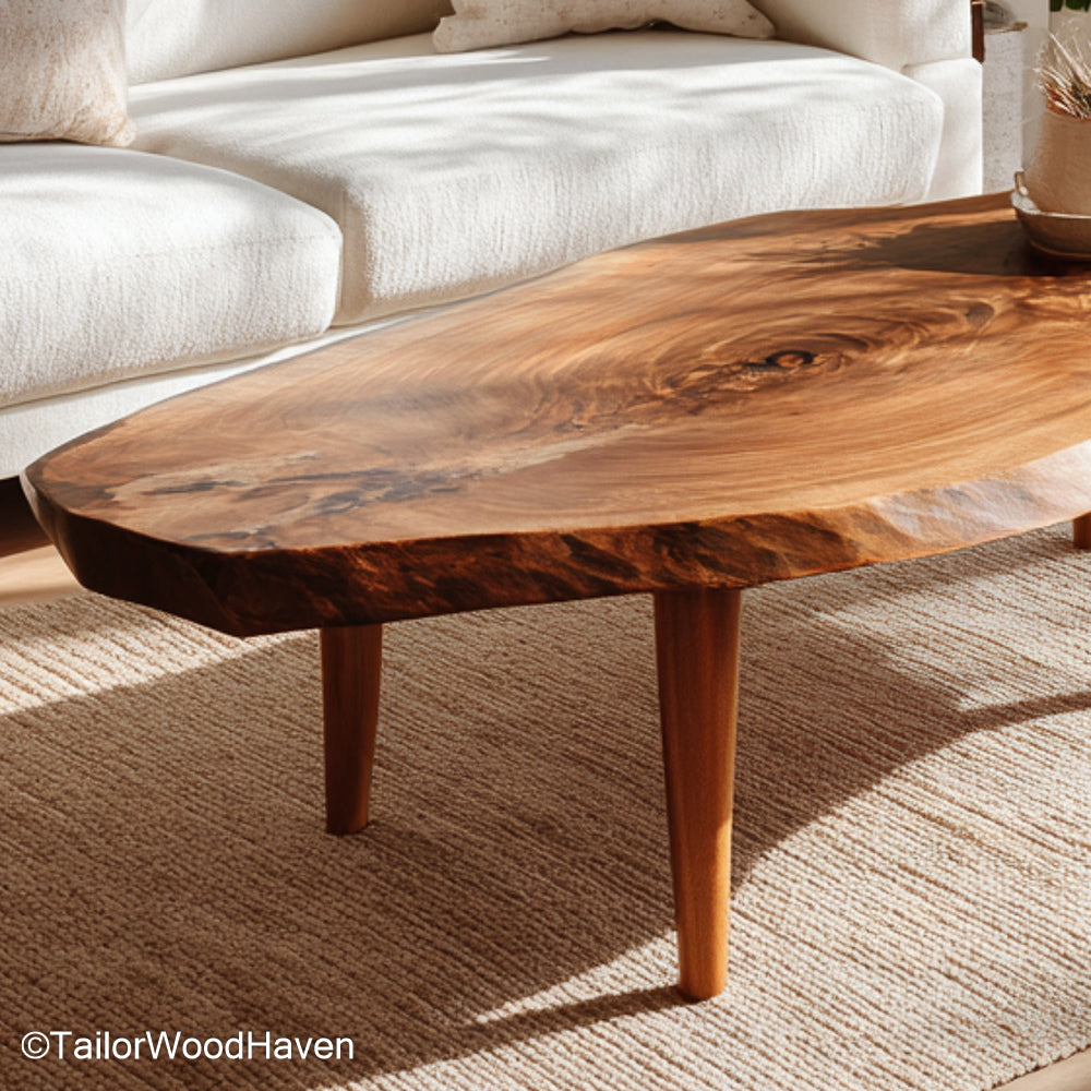 Raw wood slab coffee table crafted from unfinished timber with a natural surface and custom leg options, ideal for minimal and rustic spaces
