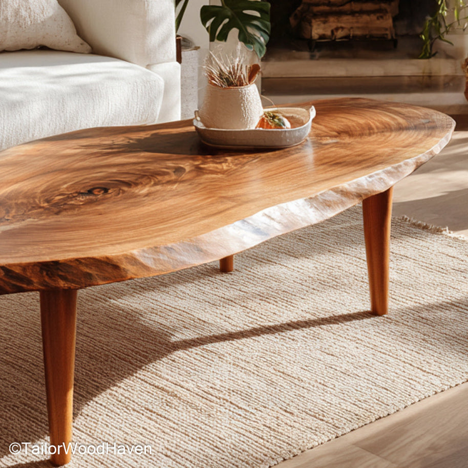 Raw wood slab coffee table crafted from unfinished timber with a natural surface and custom leg options, ideal for minimal and rustic spaces