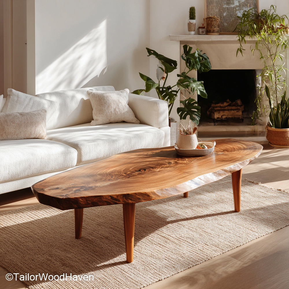 Raw wood slab coffee table crafted from unfinished timber with a natural surface and custom leg options, ideal for minimal and rustic spaces