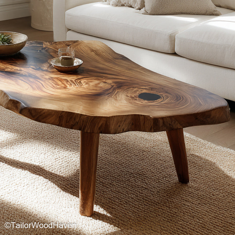 Solid Slab Coffee Table made from thick solid wood with natural shape and strong base, perfect for a warm and timeless centerpiece in any living room