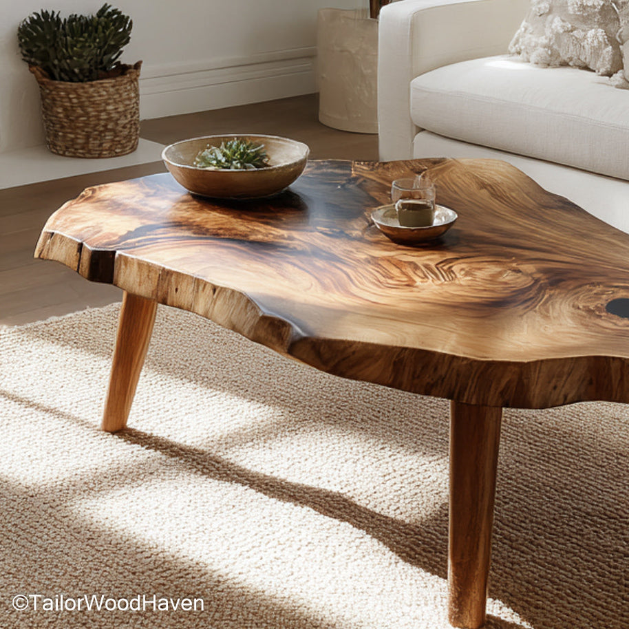 Solid Slab Coffee Table made from thick solid wood with natural shape and strong base, perfect for a warm and timeless centerpiece in any living room