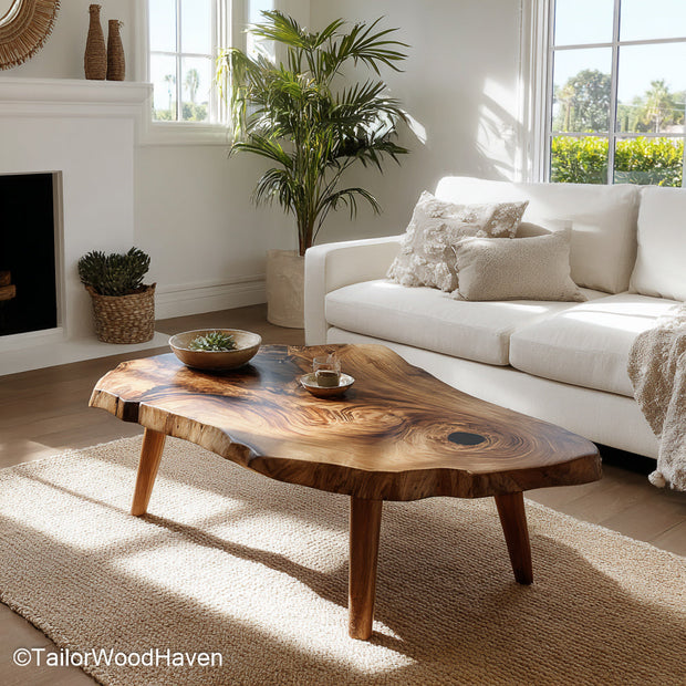 Solid Slab Coffee Table made from thick solid wood with natural shape and strong base, perfect for a warm and timeless centerpiece in any living room