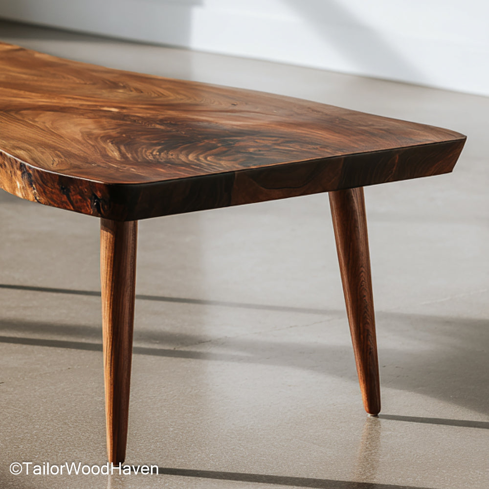 Reclaimed wood slab coffee table built from salvaged timber with sealed top and live edge, perfect for cozy interiors with rustic or eco themes