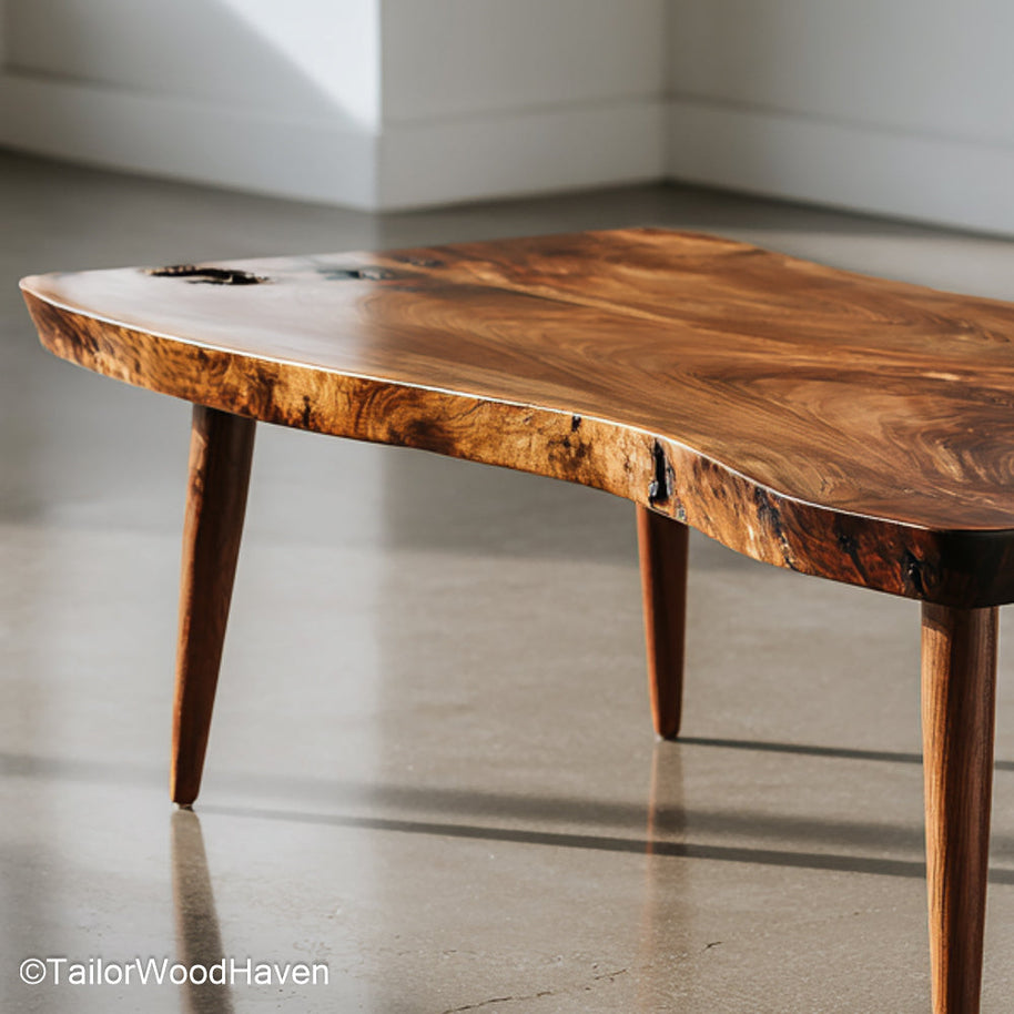 Reclaimed wood slab coffee table built from salvaged timber with sealed top and live edge, perfect for cozy interiors with rustic or eco themes
