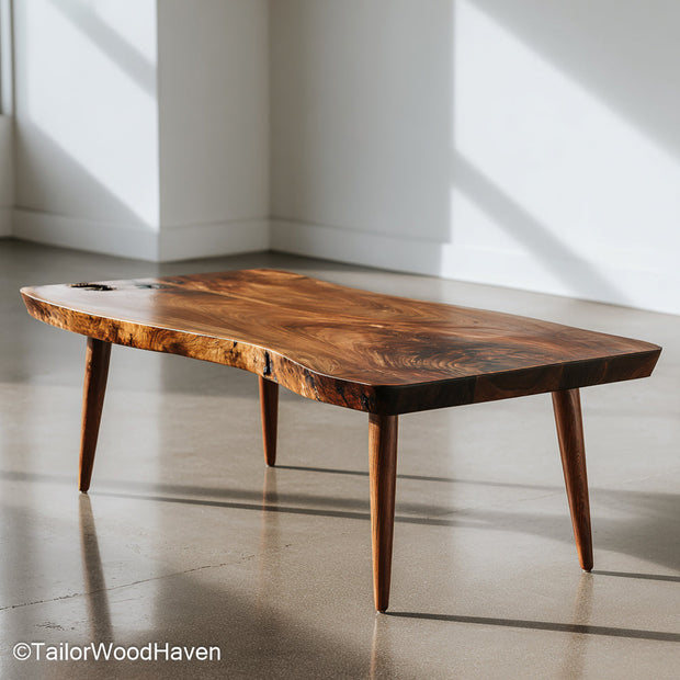 Reclaimed wood slab coffee table built from salvaged timber with sealed top and live edge, perfect for cozy interiors with rustic or eco themes