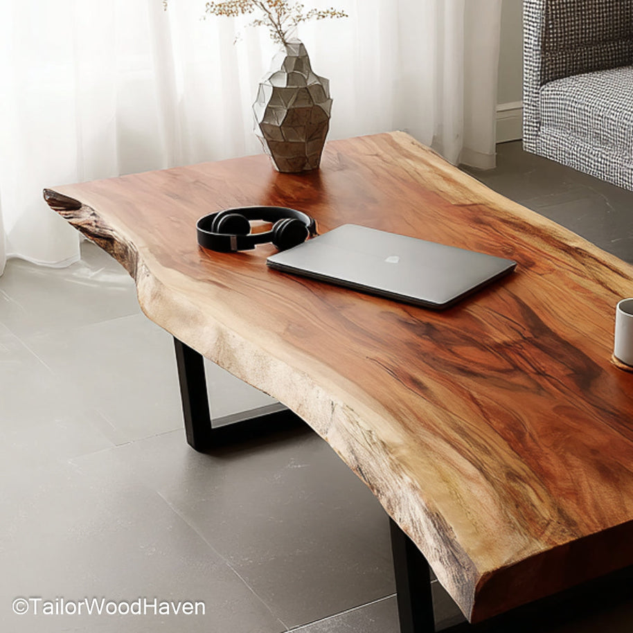 Narrow live edge coffee table crafted from long slender wood slabs with exposed grain and raw edge, ideal for small spaces or hallway setups