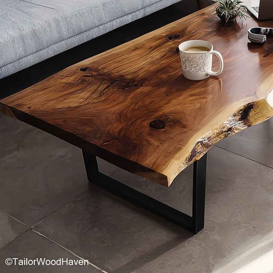 Solid Wood Slab Coffee Table crafted from a single slab of natural hardwood with visible grain and raw edges, perfect for modern or rustic interiors