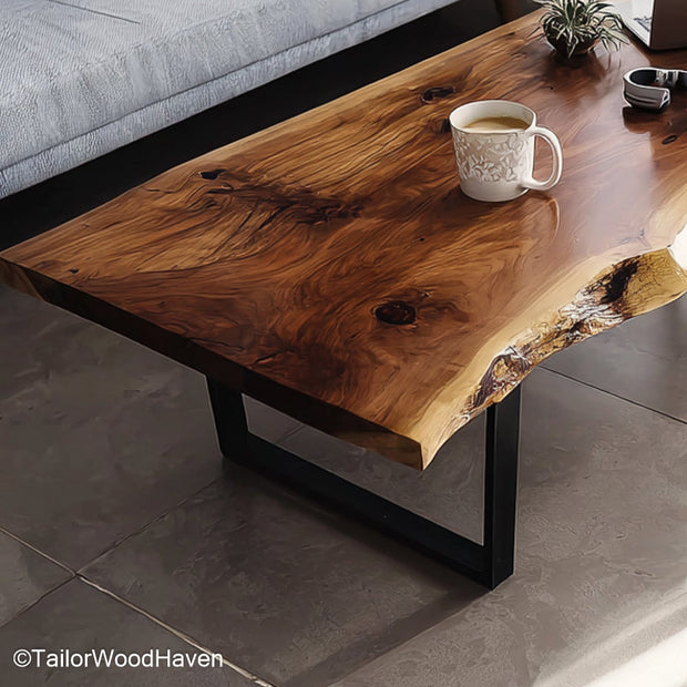 Solid Wood Slab Coffee Table crafted from a single slab of natural hardwood with visible grain and raw edges, perfect for modern or rustic interiors