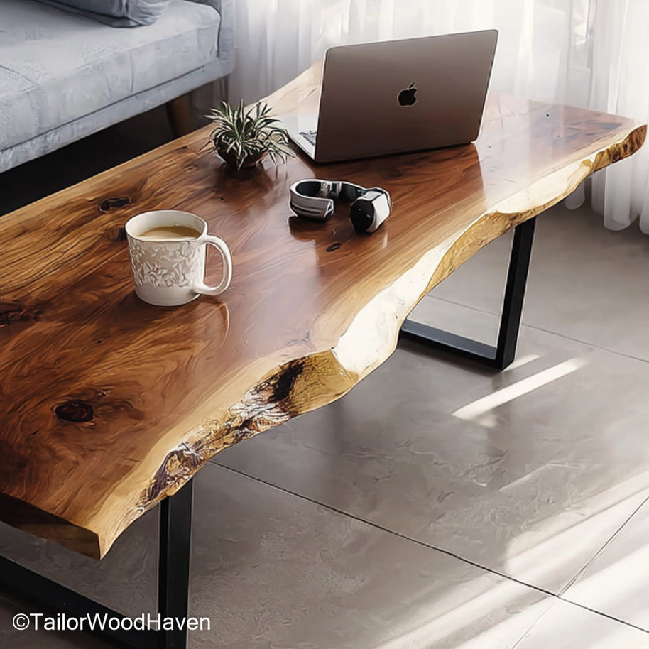 Solid Wood Slab Coffee Table crafted from a single slab of natural hardwood with visible grain and raw edges, perfect for modern or rustic interiors