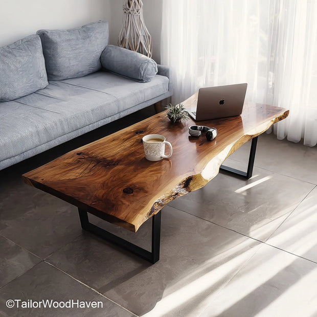 Solid Wood Slab Coffee Table crafted from a single slab of natural hardwood with visible grain and raw edges, perfect for modern or rustic interiors