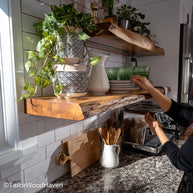 7 foot floating shelves built from long wood slabs with sealed surface and wall-mount frame, made for spanning wide walls or multi-zone layouts