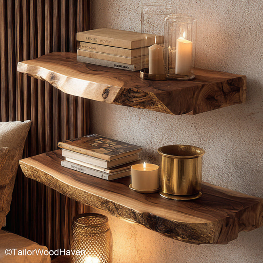 Floating natural wood shelf built from minimally treated timber with raw edge and floating brackets, suitable for organic or boho themed decor