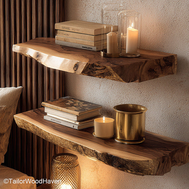 Floating natural wood shelf built from minimally treated timber with raw edge and floating brackets, suitable for organic or boho themed decor