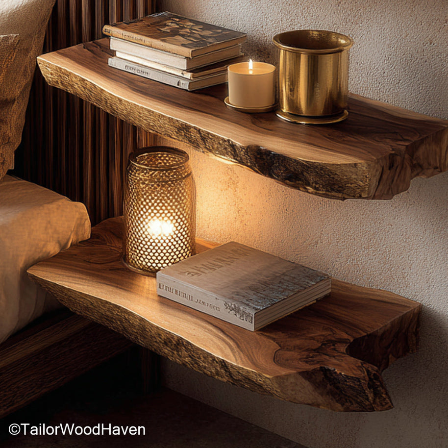 Floating natural wood shelf built from minimally treated timber with raw edge and floating brackets, suitable for organic or boho themed decor