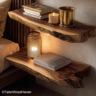 Floating natural wood shelf built from minimally treated timber with raw edge and floating brackets, suitable for organic or boho themed decor