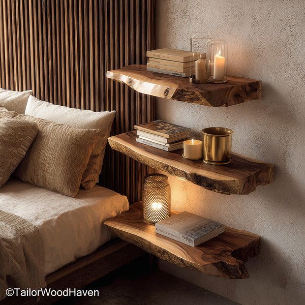 Floating natural wood shelf built from minimally treated timber with raw edge and floating brackets, suitable for organic or boho themed decor