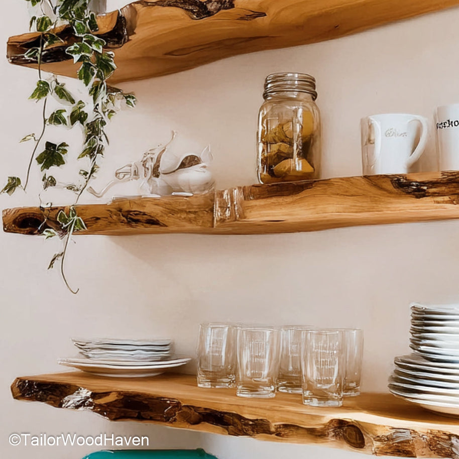 3 floating shelf set handcrafted in real wood with matching dimensions and flush mounts, ideal for balanced wall styling in modern interiors