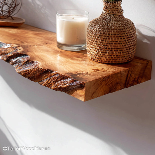 Wooden floating shelves bathroom made from water sealed timber with floating wall design, offering durable storage for rustic bathroom layouts