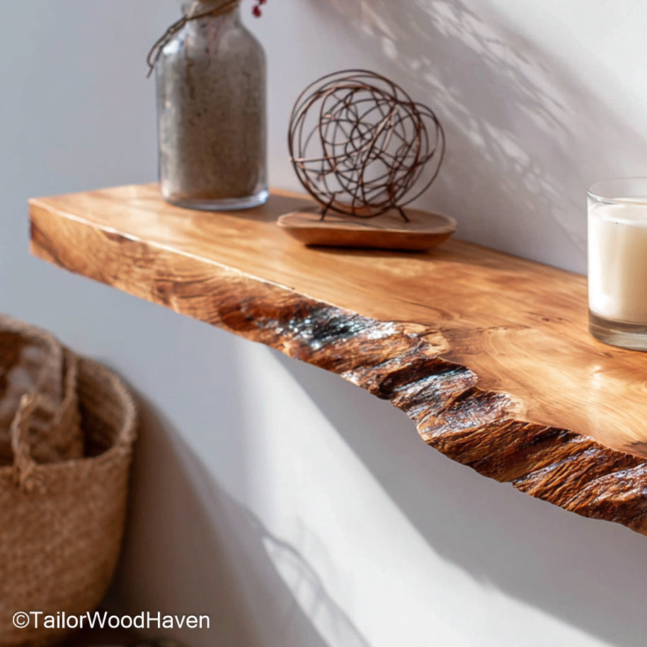 Wooden floating shelves bathroom made from water sealed timber with floating wall design, offering durable storage for rustic bathroom layouts