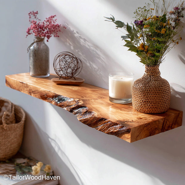 Wooden floating shelves bathroom made from water sealed timber with floating wall design, offering durable storage for rustic bathroom layouts