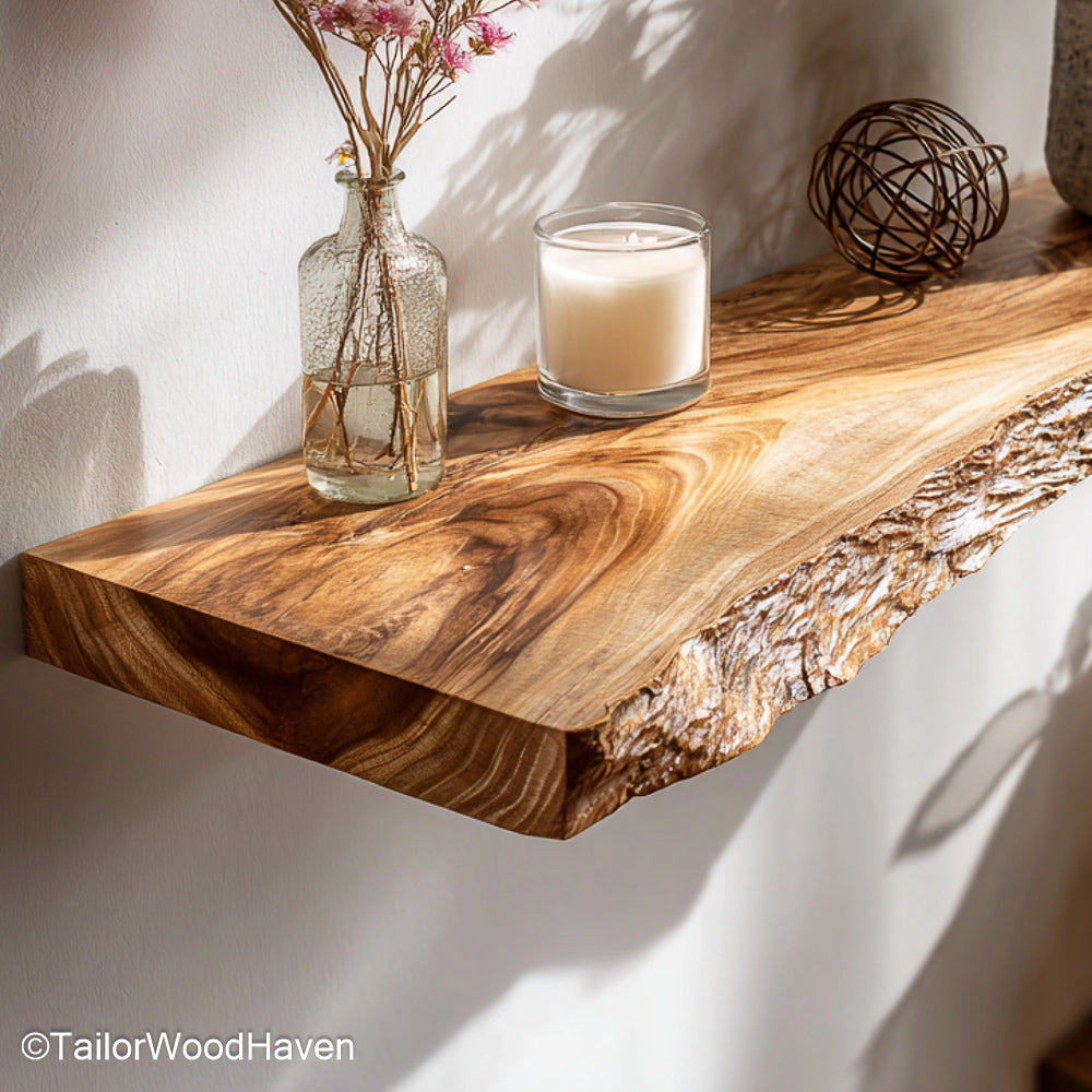 Wooden floating shelves for bathroom designed from real wood with a smooth sealed surface, ideal for towel storage or display in rustic bathrooms