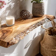 Wooden floating shelves for bathroom designed from real wood with a smooth sealed surface, ideal for towel storage or display in rustic bathrooms