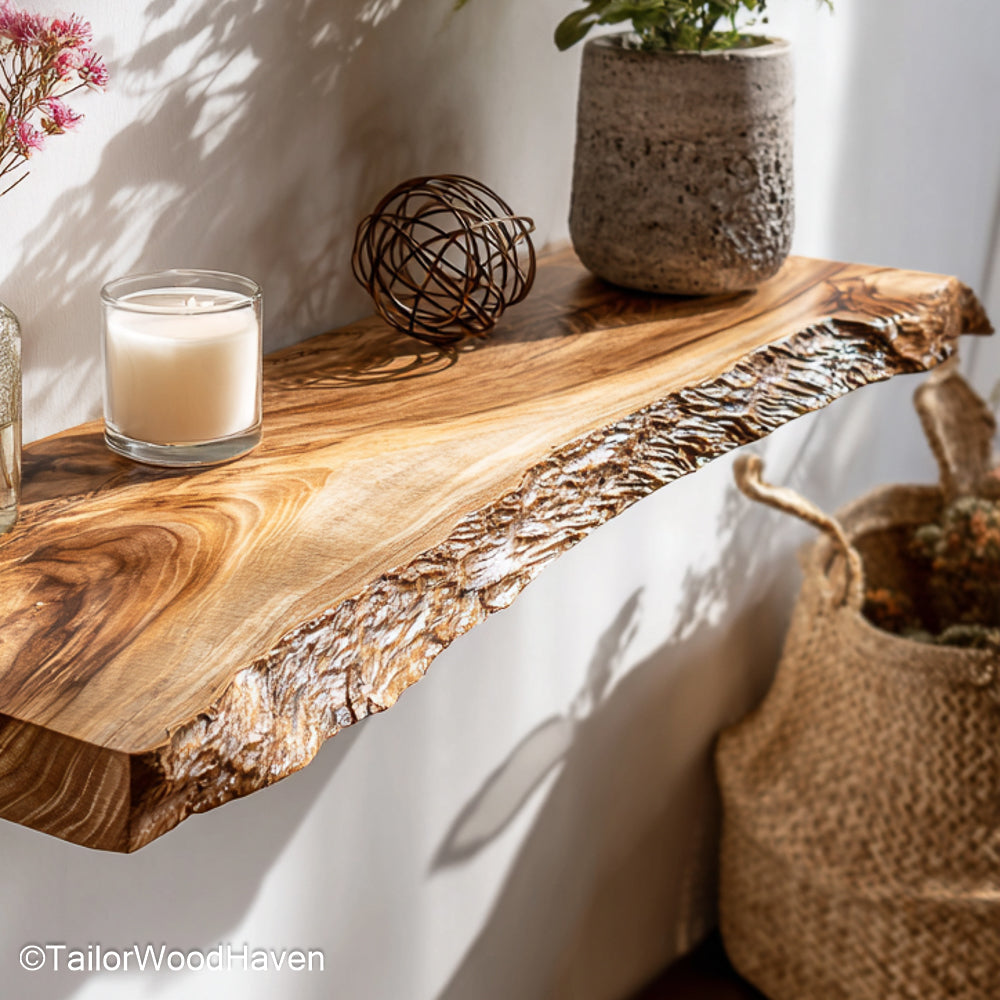Wooden floating shelves for bathroom designed from real wood with a smooth sealed surface, ideal for towel storage or display in rustic bathrooms