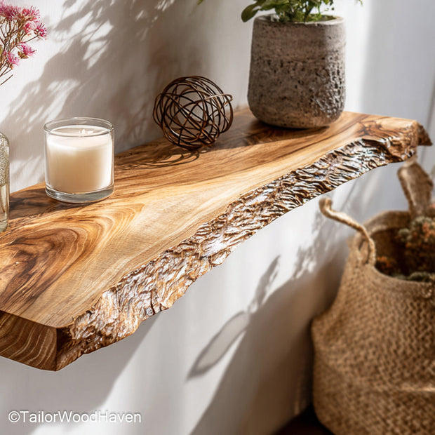 Wooden floating shelves for bathroom designed from real wood with a smooth sealed surface, ideal for towel storage or display in rustic bathrooms