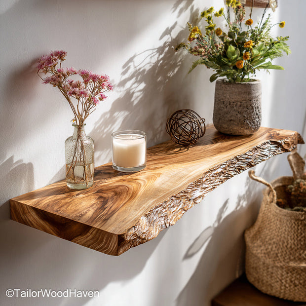 Wooden floating shelves for bathroom designed from real wood with a smooth sealed surface, ideal for towel storage or display in rustic bathrooms