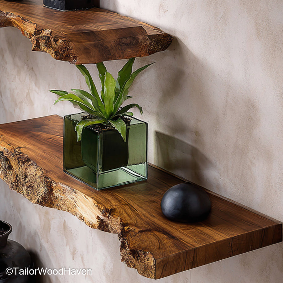 Farmhouse kitchen shelves built from sealed hardwood with aged texture and open design, perfect for storing or displaying rustic kitchenware