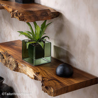 Farmhouse kitchen shelves built from sealed hardwood with aged texture and open design, perfect for storing or displaying rustic kitchenware